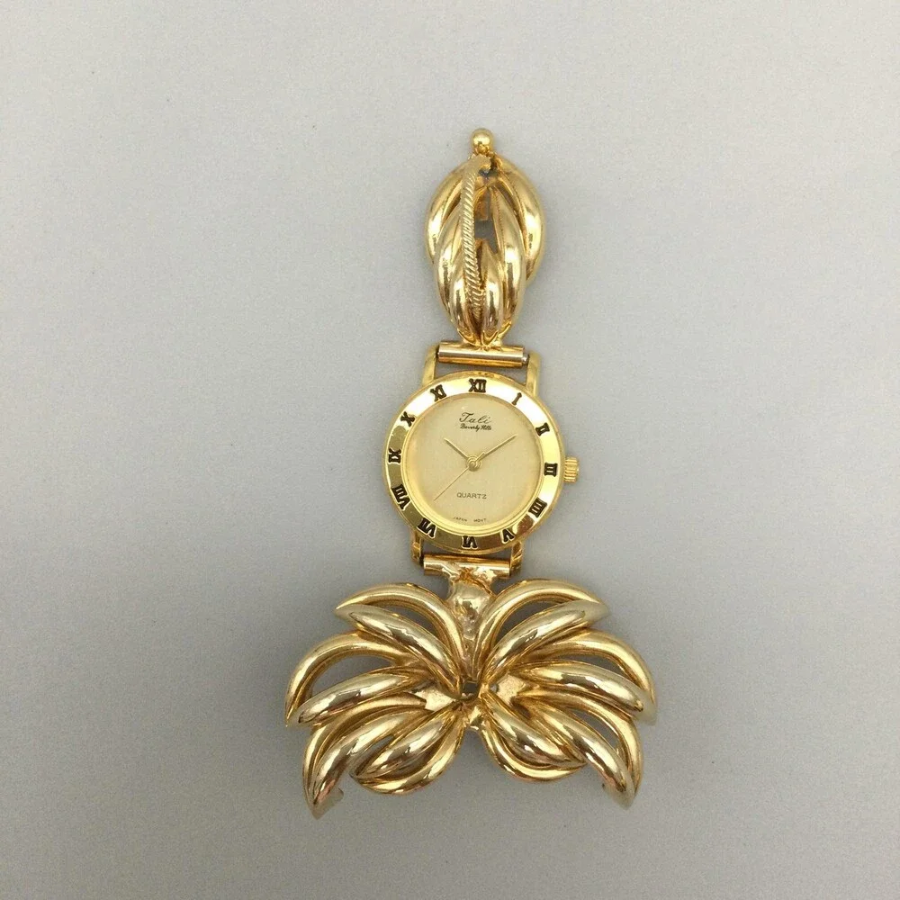 Tali Beverly Hills Nurse Brooch Watch Womens 24mm Gold Tone Leaf New Battery